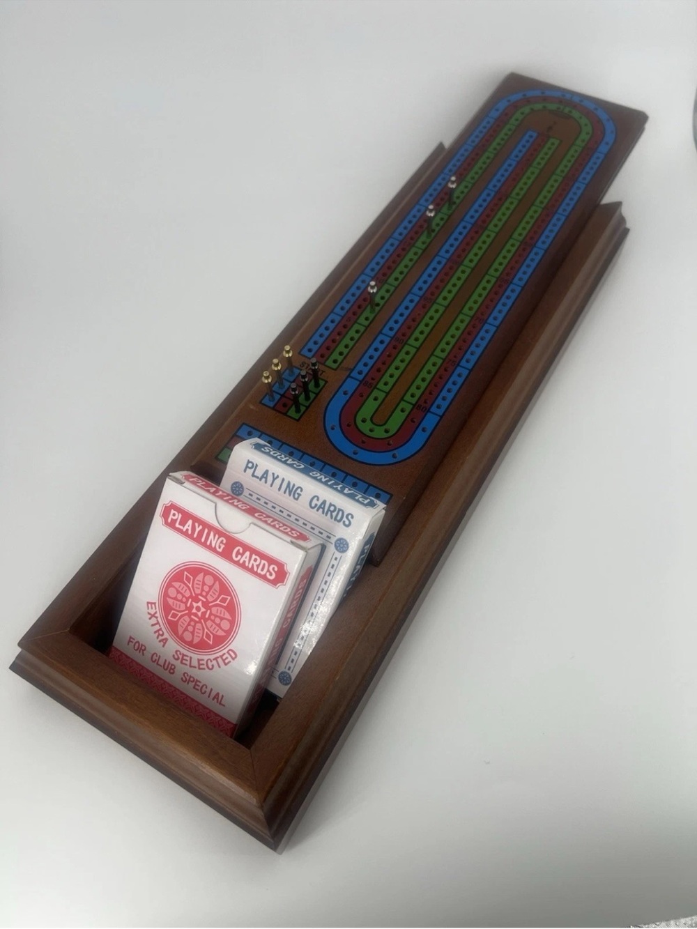 Wooden Cribbage Board with Blue and Green Track - Classic Home Games